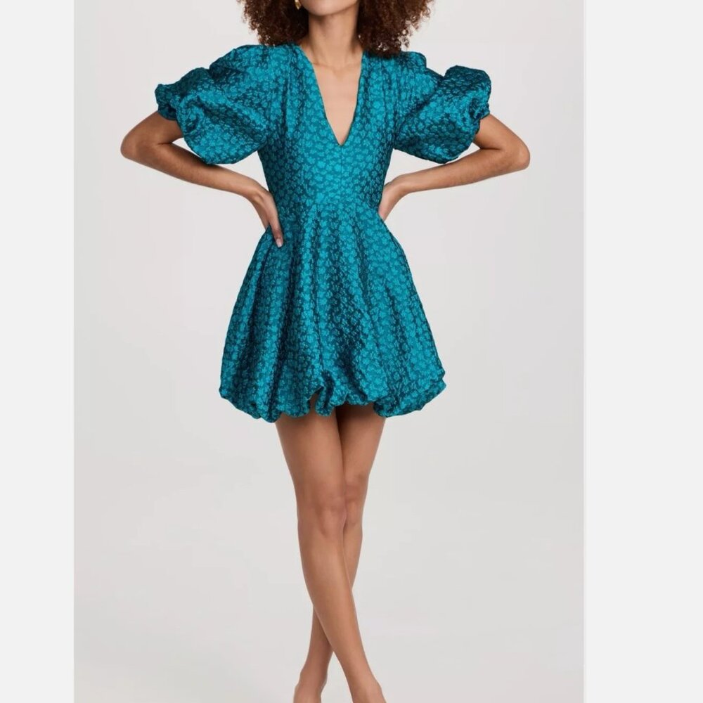 Amanda Uprichard Minta Puff Sleeve Blue Jewel Tone Bubble Hem Mini Dress Women L